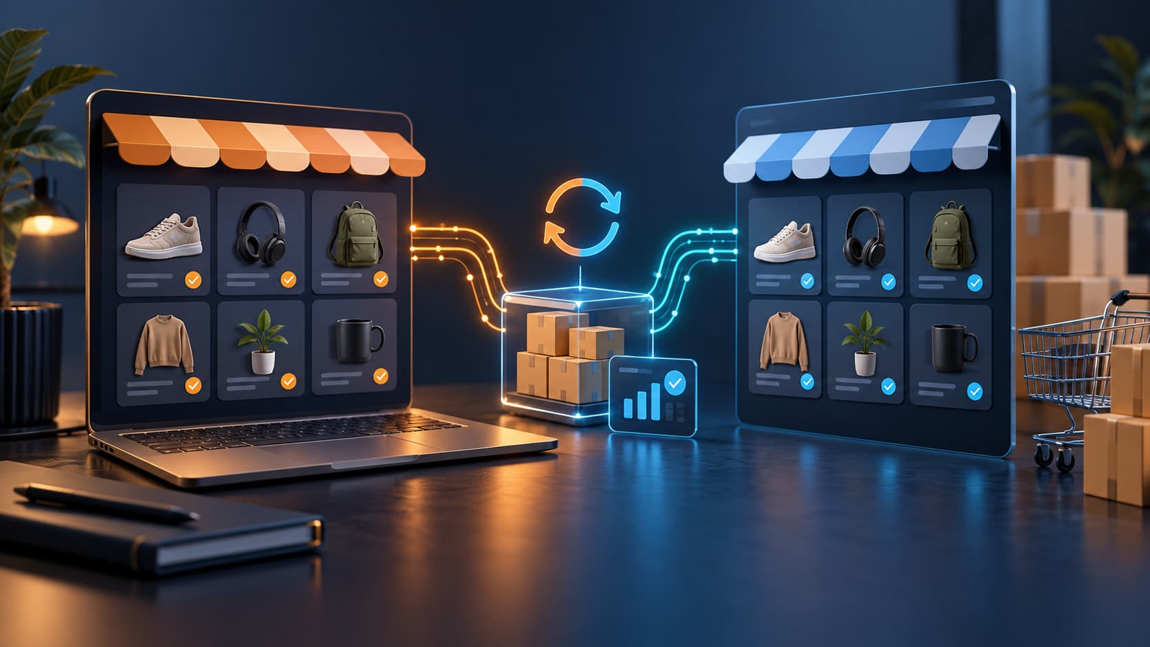 IdeaSoft Hepsiburada Entegrasyonu: Ürün Aktarımı ve Stok Senkronizasyonu başlıklı blog içeriği için iki satış kanalı arasında ürün ve stok akışını temsil eden kapak görseli