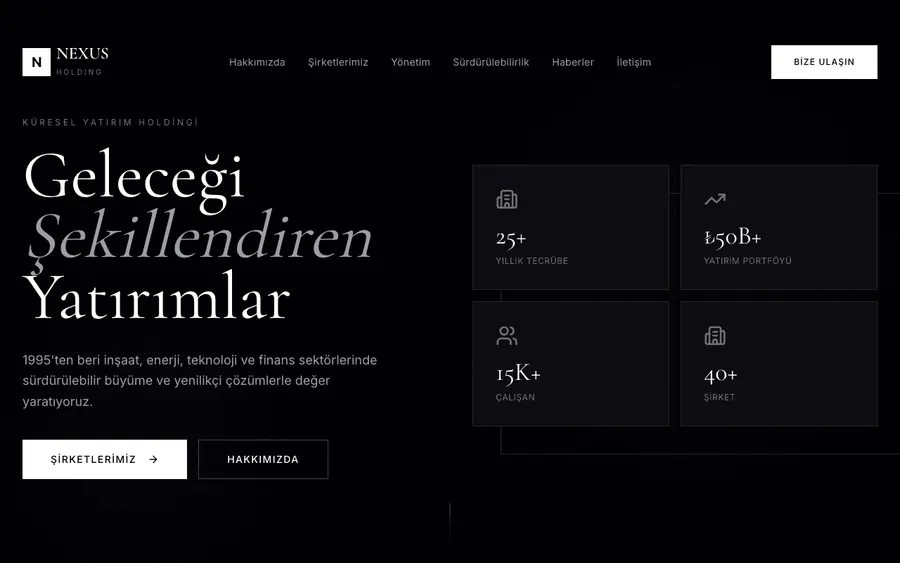 Holding kurumsal web sitesi örneği, koyu tema
